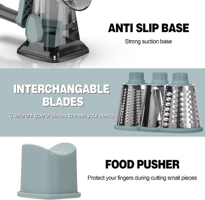 Cheese Grater Cheese Shredder with 3 Interchangeable Blades, Rotary Cheese Grater Manual Vegetable Slicer with Non-slip Suction Base Peanut Nuts Grinder Vegetable Shredder Clear