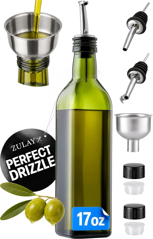 17oz Olive Oil Dispenser Bottle – Glass Oil Cruet with Spout, Funnel & Pourers, Easy-Pour Decanter for Kitchen Cooking and Serving (Green)