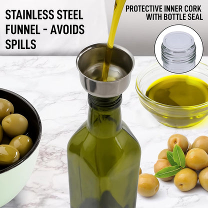 17oz Olive Oil Dispenser Bottle – Glass Oil Cruet with Spout, Funnel & Pourers, Easy-Pour Decanter for Kitchen Cooking and Serving (Green)