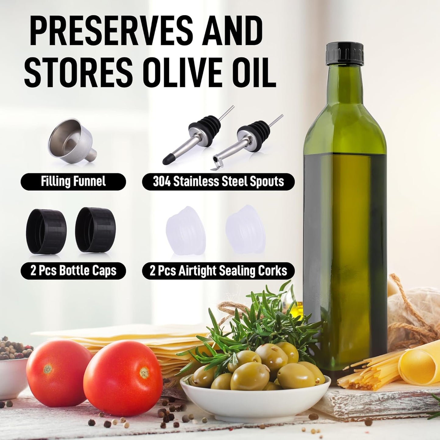 17oz Olive Oil Dispenser Bottle – Glass Oil Cruet with Spout, Funnel & Pourers, Easy-Pour Decanter for Kitchen Cooking and Serving (Green)