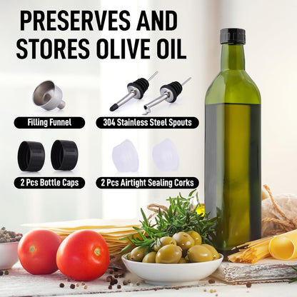 17oz Olive Oil Dispenser Bottle – Glass Oil Cruet with Spout, Funnel & Pourers, Easy-Pour Decanter for Kitchen Cooking and Serving (Green)