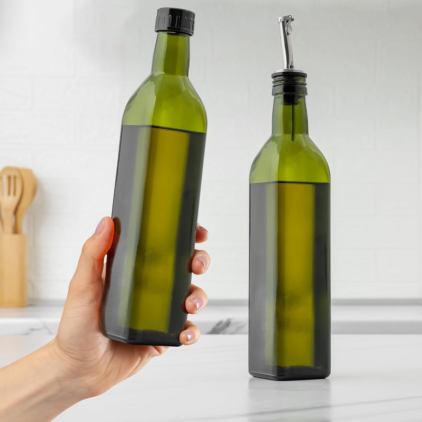 17oz Olive Oil Dispenser Bottle – Glass Oil Cruet with Spout, Funnel & Pourers, Easy-Pour Decanter for Kitchen Cooking and Serving (Green)