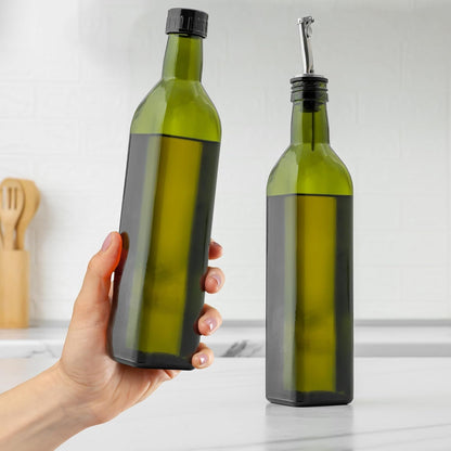 17oz Olive Oil Dispenser Bottle – Glass Oil Cruet with Spout, Funnel & Pourers, Easy-Pour Decanter for Kitchen Cooking and Serving (Green)