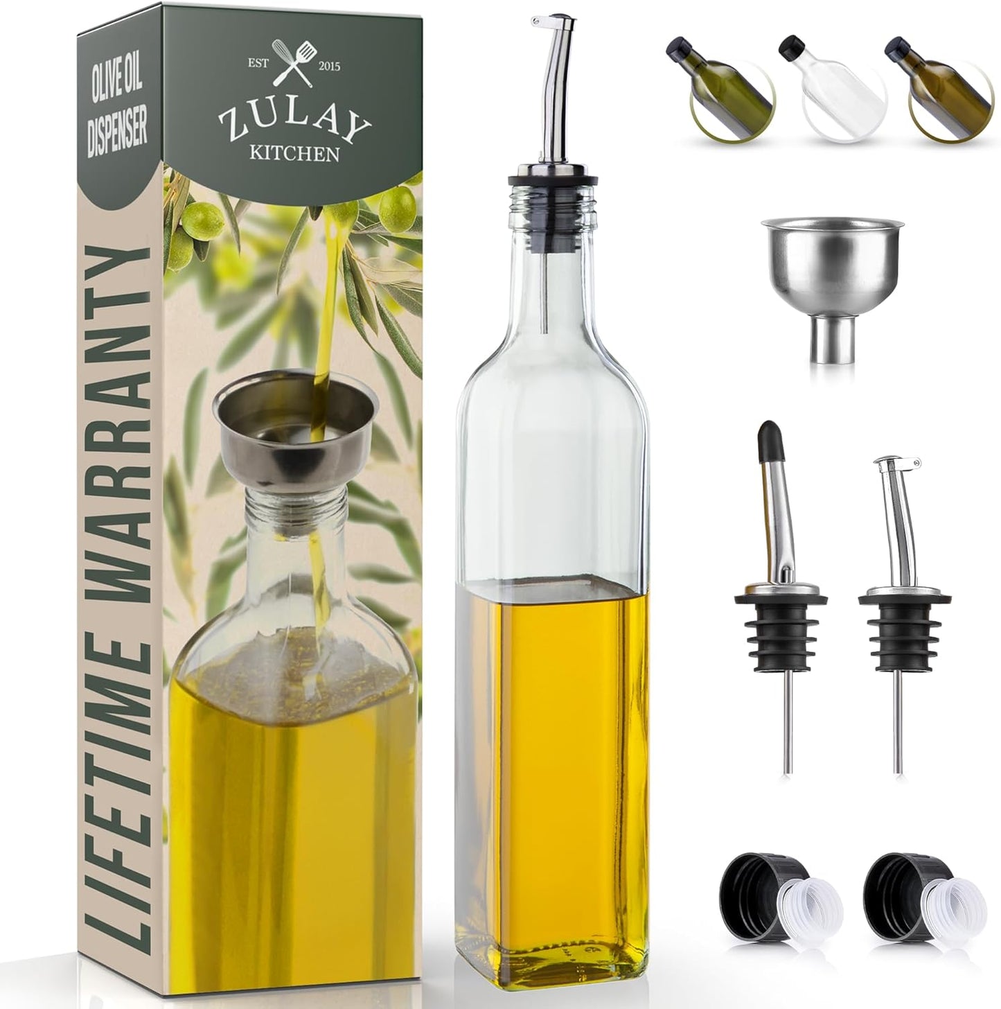 17oz Olive Oil Dispenser Bottle – Glass Oil Cruet with Spout, Funnel & Pourers, Easy-Pour Decanter for Kitchen Cooking and Serving (Green)