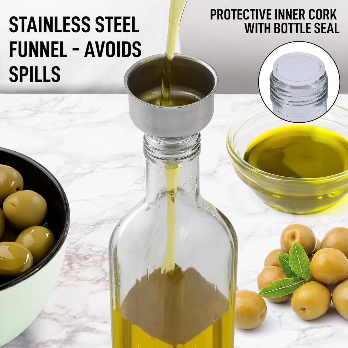 17oz Olive Oil Dispenser Bottle – Glass Oil Cruet with Spout, Funnel & Pourers, Easy-Pour Decanter for Kitchen Cooking and Serving (Green)