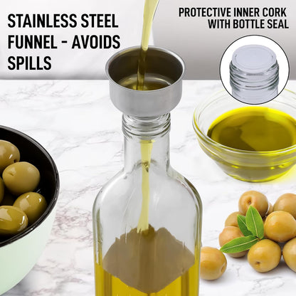 17oz Olive Oil Dispenser Bottle – Glass Oil Cruet with Spout, Funnel & Pourers, Easy-Pour Decanter for Kitchen Cooking and Serving (Green)
