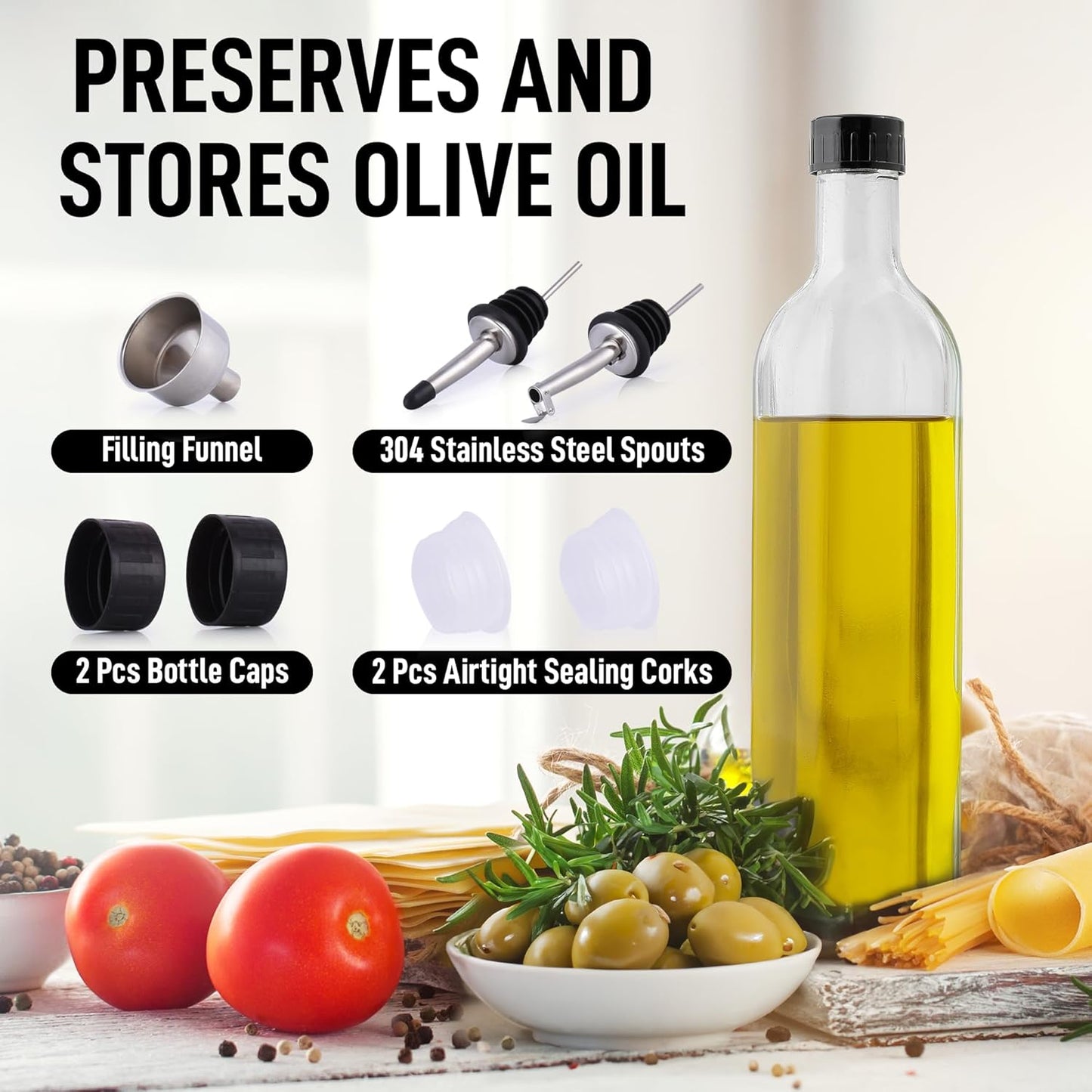 17oz Olive Oil Dispenser Bottle – Glass Oil Cruet with Spout, Funnel & Pourers, Easy-Pour Decanter for Kitchen Cooking and Serving (Green)