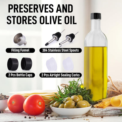 17oz Olive Oil Dispenser Bottle – Glass Oil Cruet with Spout, Funnel & Pourers, Easy-Pour Decanter for Kitchen Cooking and Serving (Green)