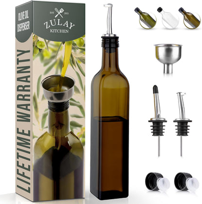 17oz Olive Oil Dispenser Bottle – Glass Oil Cruet with Spout, Funnel & Pourers, Easy-Pour Decanter for Kitchen Cooking and Serving (Green)