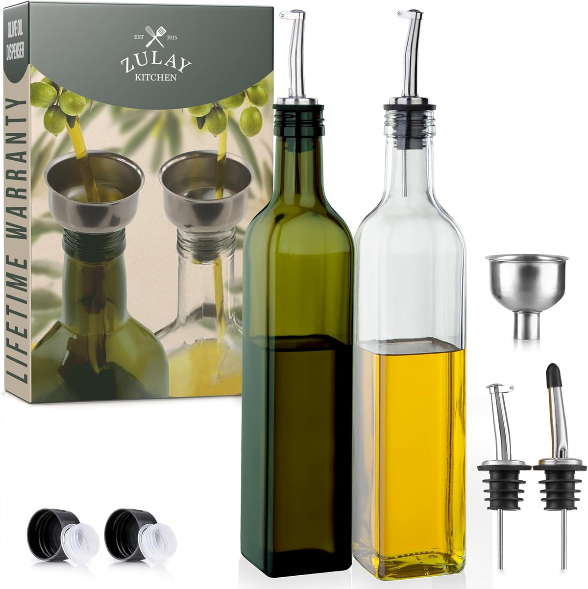 17oz Olive Oil Dispenser Bottle – Glass Oil Cruet with Spout, Funnel & Pourers, Easy-Pour Decanter for Kitchen Cooking and Serving (Green)