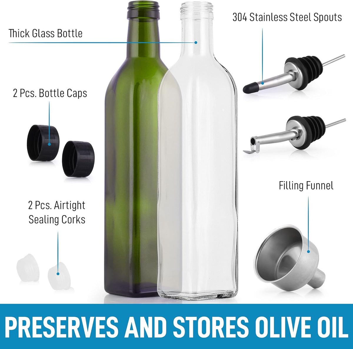 17oz Olive Oil Dispenser Bottle – Glass Oil Cruet with Spout, Funnel & Pourers, Easy-Pour Decanter for Kitchen Cooking and Serving (Green)