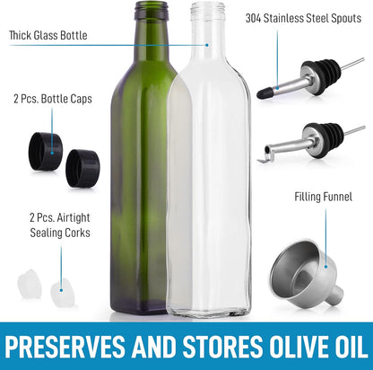 17oz Olive Oil Dispenser Bottle – Glass Oil Cruet with Spout, Funnel & Pourers, Easy-Pour Decanter for Kitchen Cooking and Serving (Green)