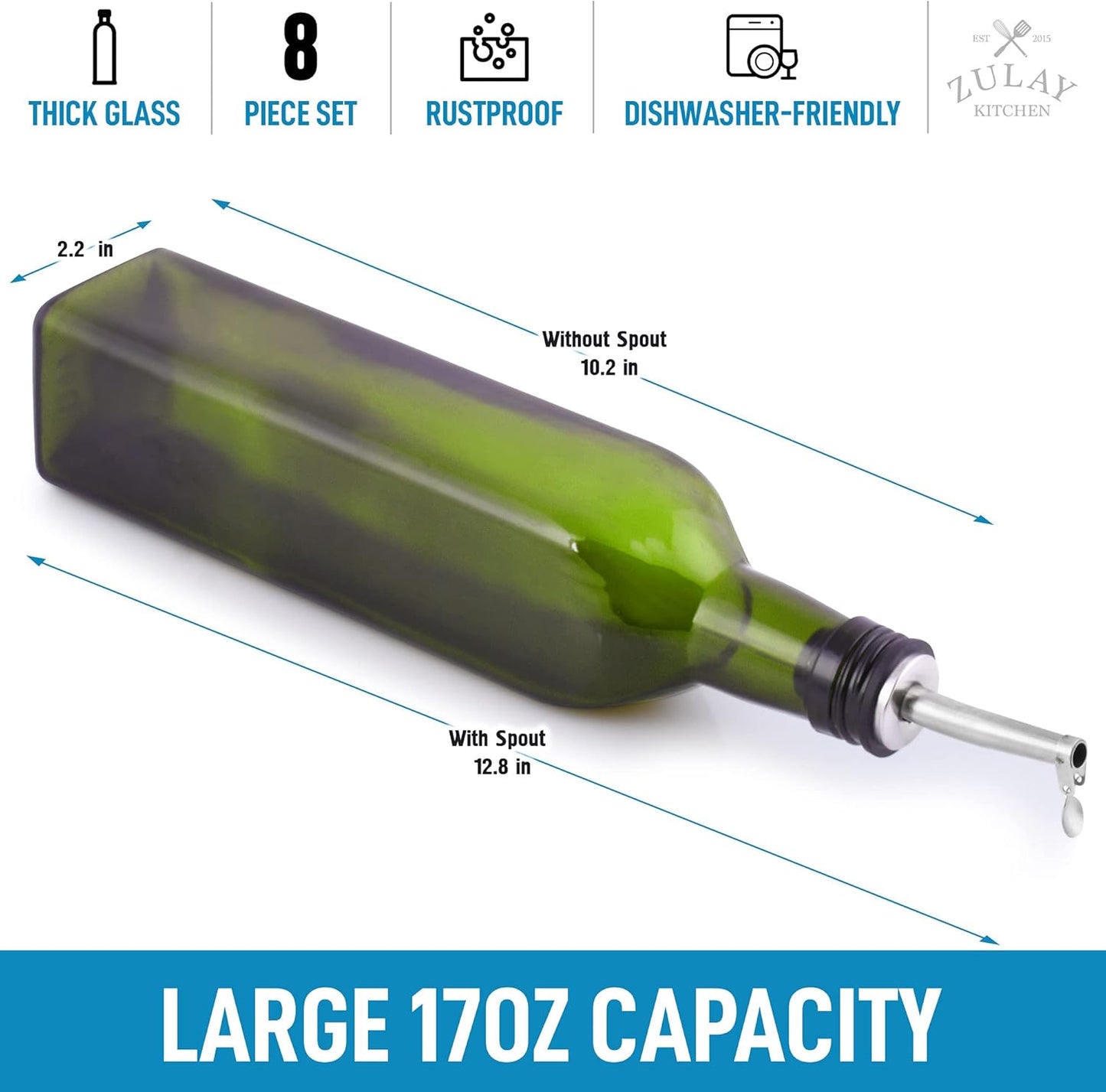 17oz Olive Oil Dispenser Bottle – Glass Oil Cruet with Spout, Funnel & Pourers, Easy-Pour Decanter for Kitchen Cooking and Serving (Green)