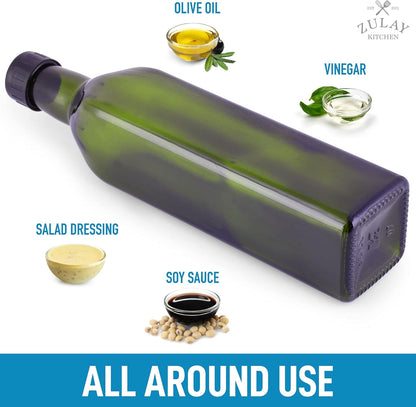17oz Olive Oil Dispenser Bottle – Glass Oil Cruet with Spout, Funnel & Pourers, Easy-Pour Decanter for Kitchen Cooking and Serving (Green)