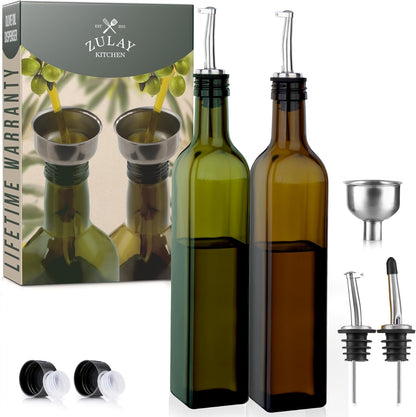 17oz Olive Oil Dispenser Bottle – Glass Oil Cruet with Spout, Funnel & Pourers, Easy-Pour Decanter for Kitchen Cooking and Serving (Green)