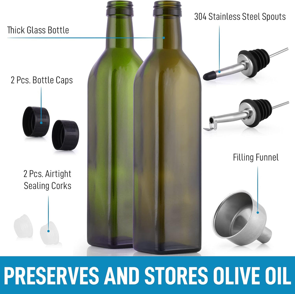 17oz Olive Oil Dispenser Bottle – Glass Oil Cruet with Spout, Funnel & Pourers, Easy-Pour Decanter for Kitchen Cooking and Serving (Green)