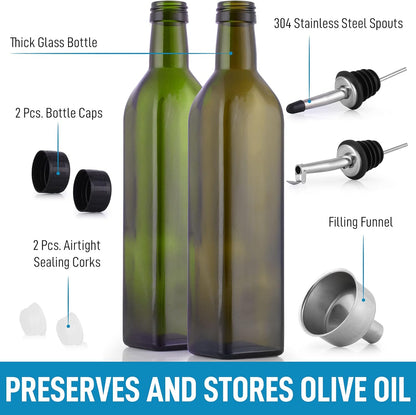 17oz Olive Oil Dispenser Bottle – Glass Oil Cruet with Spout, Funnel & Pourers, Easy-Pour Decanter for Kitchen Cooking and Serving (Green)