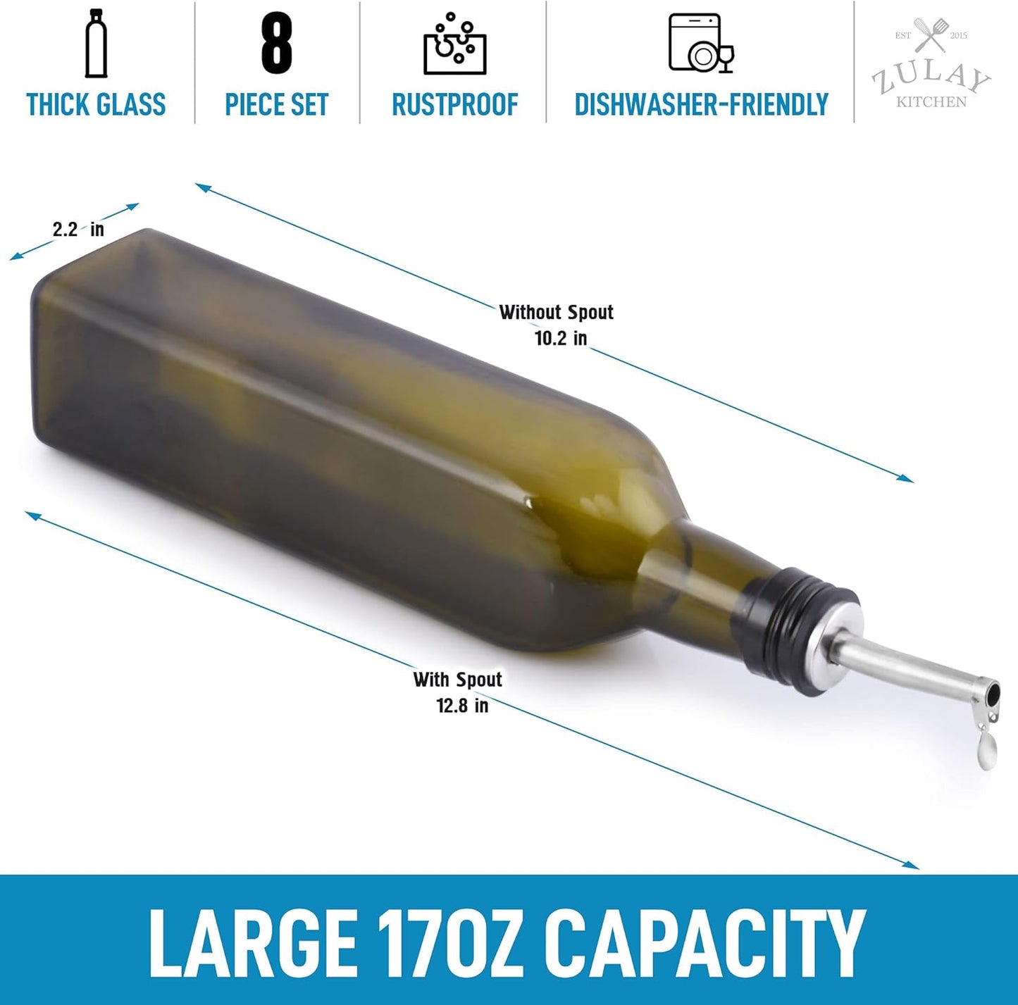 17oz Olive Oil Dispenser Bottle – Glass Oil Cruet with Spout, Funnel & Pourers, Easy-Pour Decanter for Kitchen Cooking and Serving (Green)
