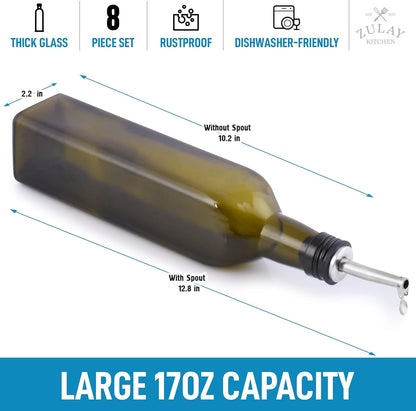 17oz Olive Oil Dispenser Bottle – Glass Oil Cruet with Spout, Funnel & Pourers, Easy-Pour Decanter for Kitchen Cooking and Serving (Green)