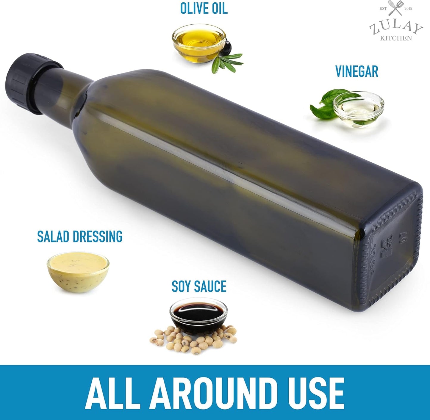 17oz Olive Oil Dispenser Bottle – Glass Oil Cruet with Spout, Funnel & Pourers, Easy-Pour Decanter for Kitchen Cooking and Serving (Green)