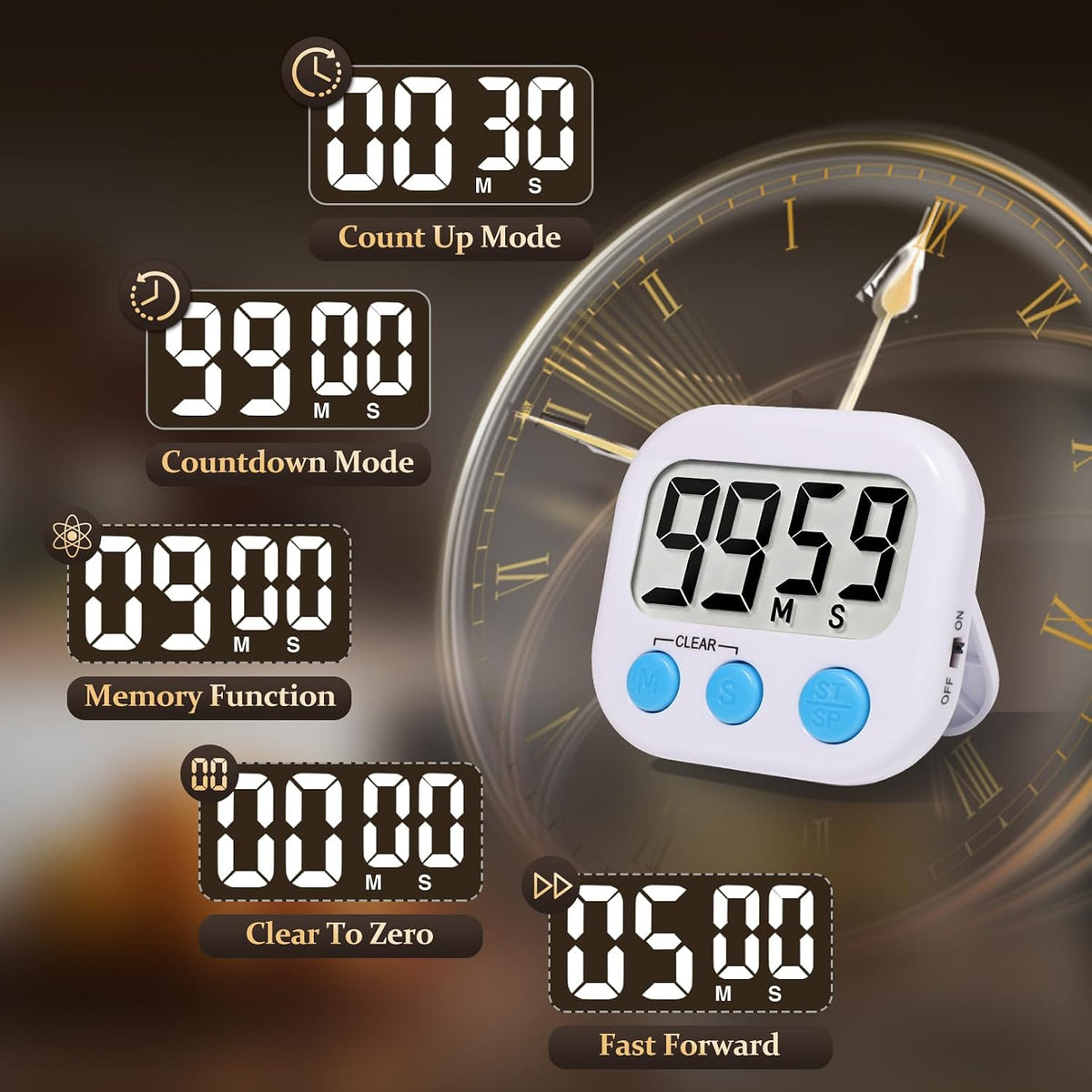 6 Pack Digital Kitchen Timer Small Classroom Timers for Kids Teachers (Blue&White)