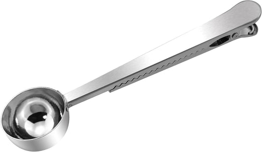 Stainless Steel Coffee Scoop with Bag Sealing Clip, 2-in-1 Coffee Measuring Scoop for Coffee Beans, Milk Powder, Loose Tea, Spices (Silver)