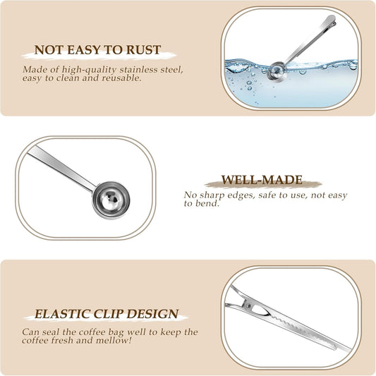 Stainless Steel Coffee Scoop with Bag Sealing Clip, 2-in-1 Coffee Measuring Scoop for Coffee Beans, Milk Powder, Loose Tea, Spices (Silver)
