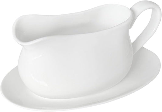 17oz Gravy Boat with Saucer Stand, Set of 1, Ceramic Sauce Boat with Tray for Salad Dressings,ketchup， Creamer, Broth, Black Pepper, White