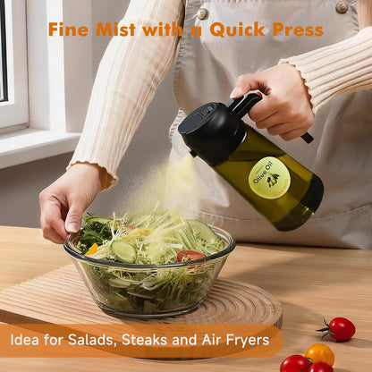 Oil Sprayer for Cooking,470ml Cooking Olive Oil Sprayer and Oil Dispenser 2 In 1, Food-grade Glass Oil Spray Bottle Mister for Air Fryer, BBQ, Griddle (Black+dark green glass and color label)
