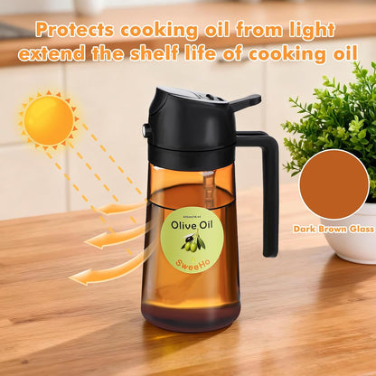 Oil Sprayer for Cooking,470ml Cooking Olive Oil Sprayer and Oil Dispenser 2 In 1, Food-grade Glass Oil Spray Bottle Mister for Air Fryer, BBQ, Griddle (Black+dark green glass and color label)