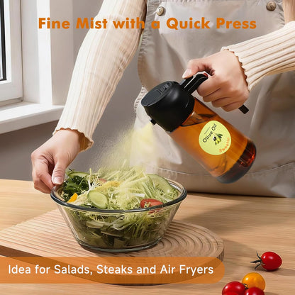 Oil Sprayer for Cooking,470ml Cooking Olive Oil Sprayer and Oil Dispenser 2 In 1, Food-grade Glass Oil Spray Bottle Mister for Air Fryer, BBQ, Griddle (Black+dark green glass and color label)