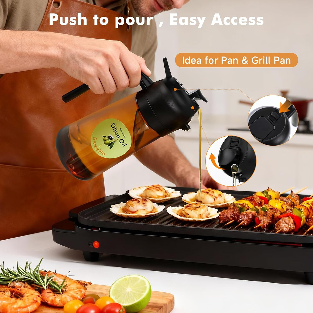 Oil Sprayer for Cooking,470ml Cooking Olive Oil Sprayer and Oil Dispenser 2 In 1, Food-grade Glass Oil Spray Bottle Mister for Air Fryer, BBQ, Griddle (Black+dark green glass and color label)