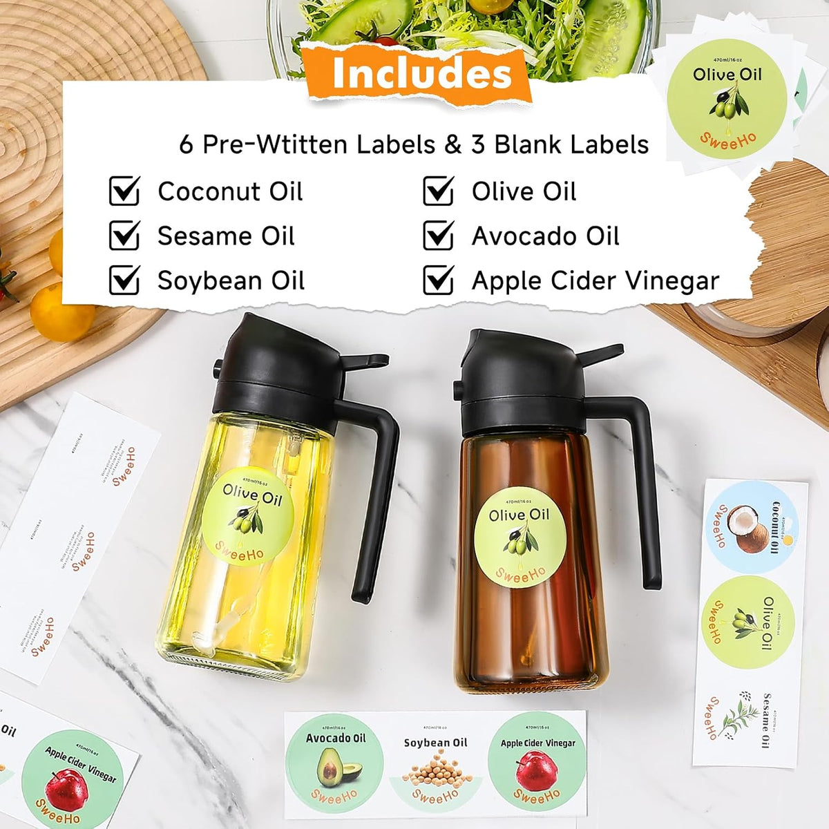 Oil Sprayer for Cooking,470ml Cooking Olive Oil Sprayer and Oil Dispenser 2 In 1, Food-grade Glass Oil Spray Bottle Mister for Air Fryer, BBQ, Griddle (Black+dark green glass and color label)