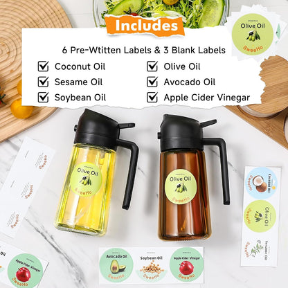 Oil Sprayer for Cooking,470ml Cooking Olive Oil Sprayer and Oil Dispenser 2 In 1, Food-grade Glass Oil Spray Bottle Mister for Air Fryer, BBQ, Griddle (Black+dark green glass and color label)