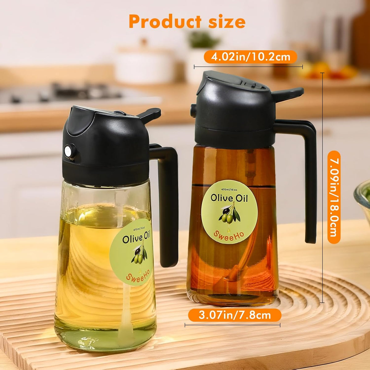 Oil Sprayer for Cooking,470ml Cooking Olive Oil Sprayer and Oil Dispenser 2 In 1, Food-grade Glass Oil Spray Bottle Mister for Air Fryer, BBQ, Griddle (Black+dark green glass and color label)