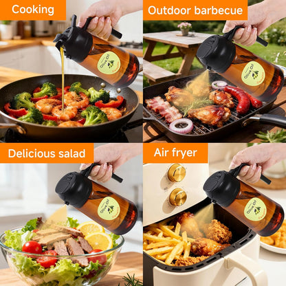 Oil Sprayer for Cooking,470ml Cooking Olive Oil Sprayer and Oil Dispenser 2 In 1, Food-grade Glass Oil Spray Bottle Mister for Air Fryer, BBQ, Griddle (Black+dark green glass and color label)