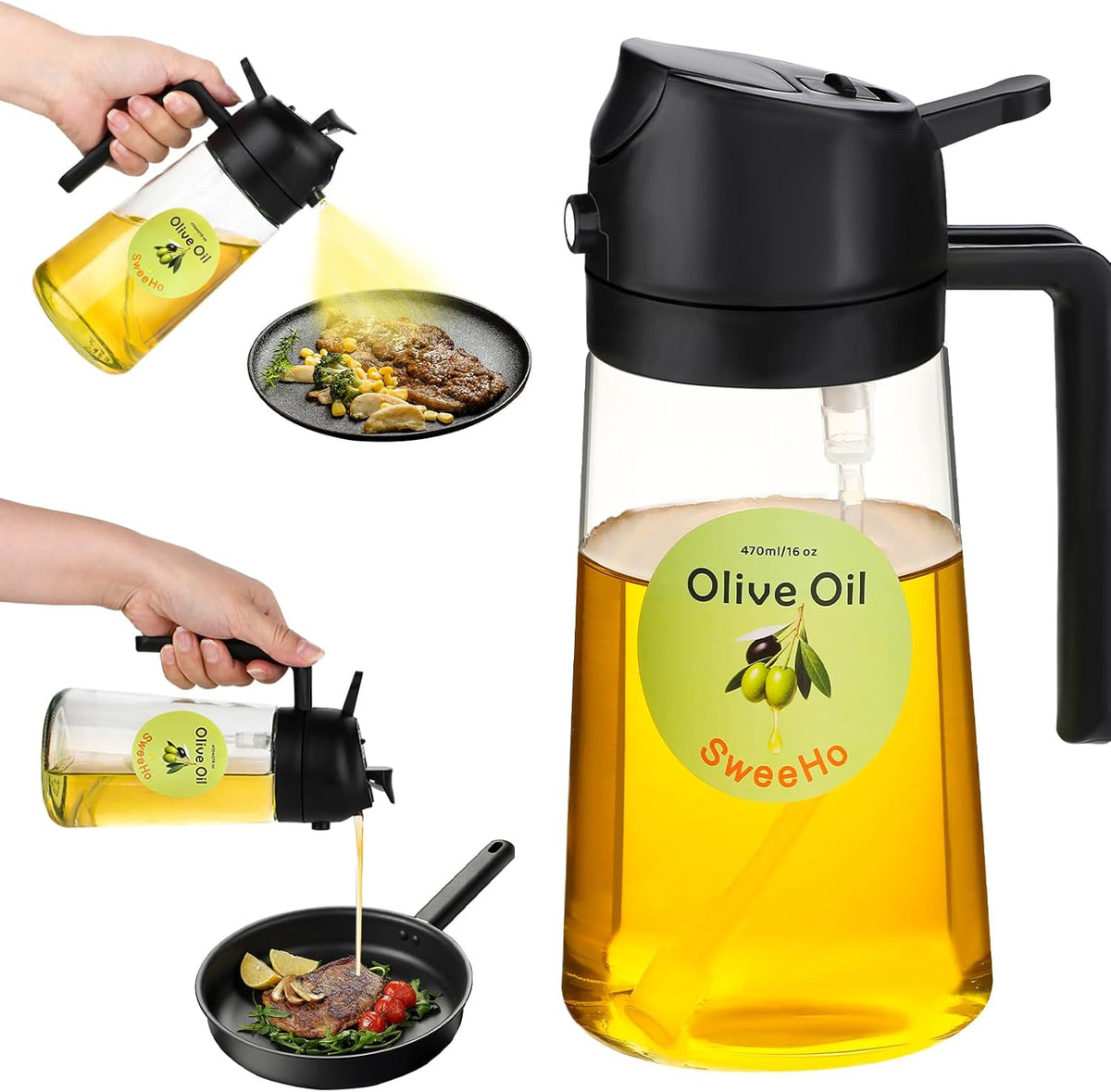 Oil Sprayer for Cooking,470ml Cooking Olive Oil Sprayer and Oil Dispenser 2 In 1, Food-grade Glass Oil Spray Bottle Mister for Air Fryer, BBQ, Griddle (Black+dark green glass and color label)