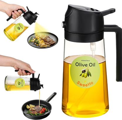 Oil Sprayer for Cooking,470ml Cooking Olive Oil Sprayer and Oil Dispenser 2 In 1, Food-grade Glass Oil Spray Bottle Mister for Air Fryer, BBQ, Griddle (Black+dark green glass and color label)