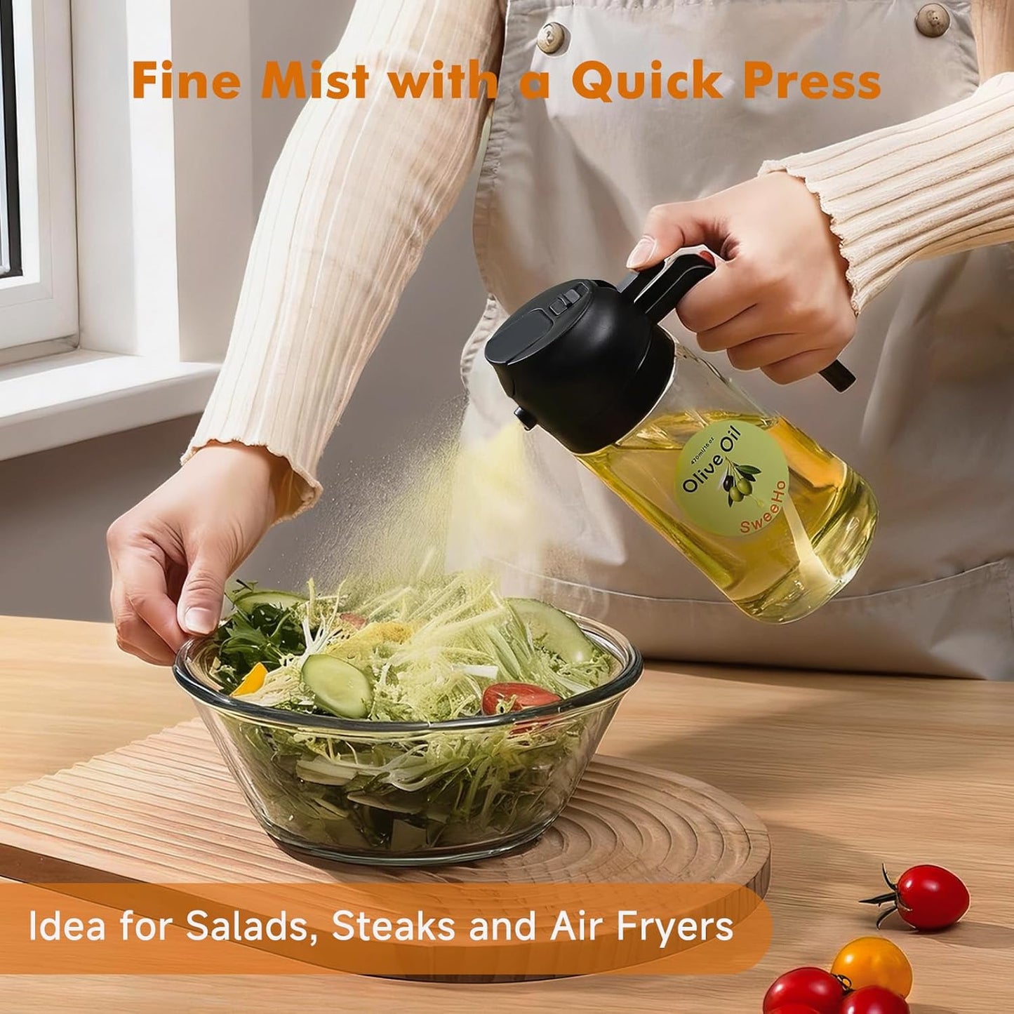 Oil Sprayer for Cooking,470ml Cooking Olive Oil Sprayer and Oil Dispenser 2 In 1, Food-grade Glass Oil Spray Bottle Mister for Air Fryer, BBQ, Griddle (Black+dark green glass and color label)