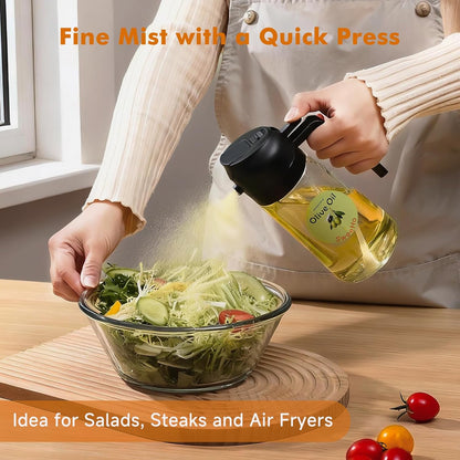 Oil Sprayer for Cooking,470ml Cooking Olive Oil Sprayer and Oil Dispenser 2 In 1, Food-grade Glass Oil Spray Bottle Mister for Air Fryer, BBQ, Griddle (Black+dark green glass and color label)
