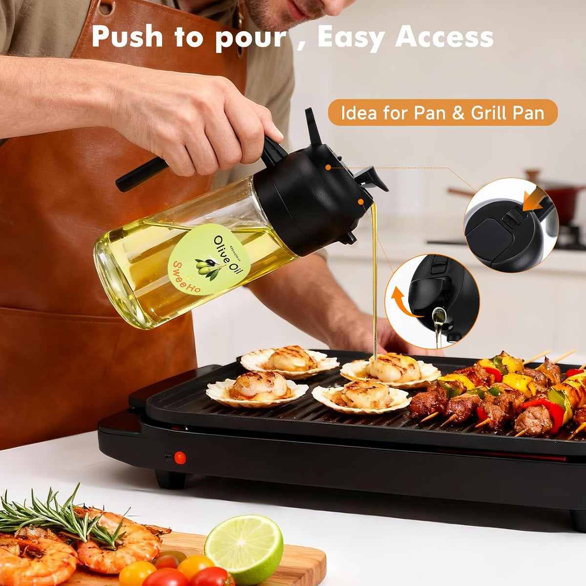 Oil Sprayer for Cooking,470ml Cooking Olive Oil Sprayer and Oil Dispenser 2 In 1, Food-grade Glass Oil Spray Bottle Mister for Air Fryer, BBQ, Griddle (Black+dark green glass and color label)