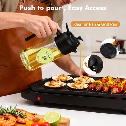 Oil Sprayer for Cooking,470ml Cooking Olive Oil Sprayer and Oil Dispenser 2 In 1, Food-grade Glass Oil Spray Bottle Mister for Air Fryer, BBQ, Griddle (Black+dark green glass and color label)