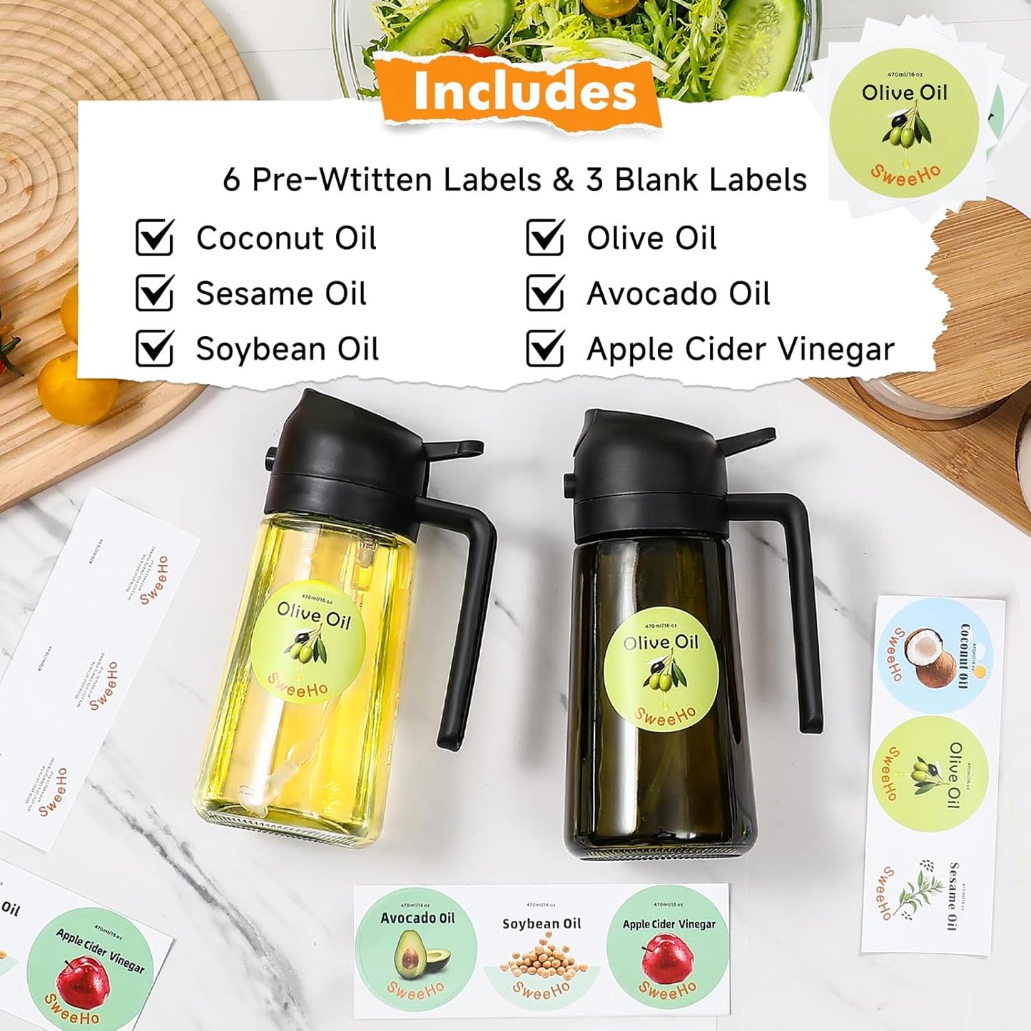 Oil Sprayer for Cooking,470ml Cooking Olive Oil Sprayer and Oil Dispenser 2 In 1, Food-grade Glass Oil Spray Bottle Mister for Air Fryer, BBQ, Griddle (Black+dark green glass and color label)