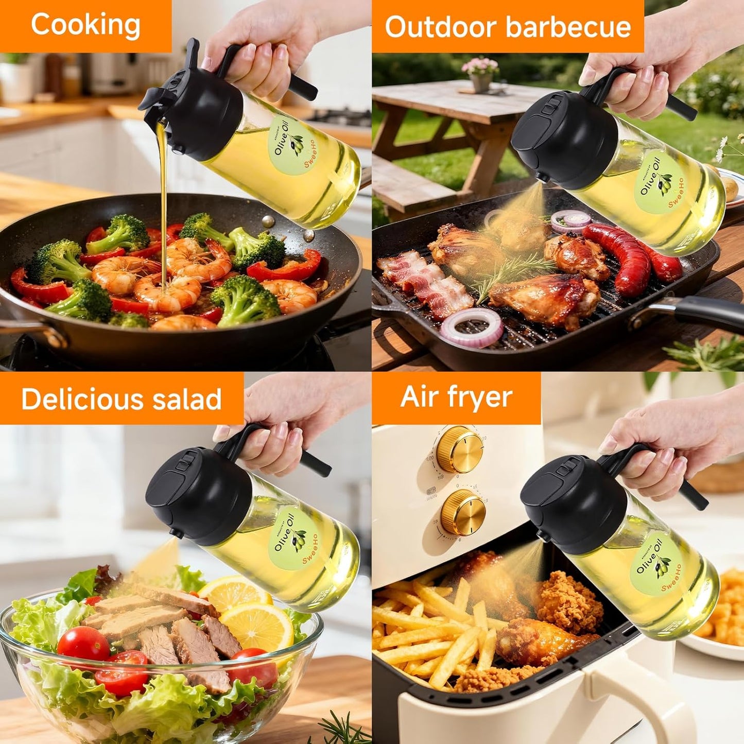 Oil Sprayer for Cooking,470ml Cooking Olive Oil Sprayer and Oil Dispenser 2 In 1, Food-grade Glass Oil Spray Bottle Mister for Air Fryer, BBQ, Griddle (Black+dark green glass and color label)