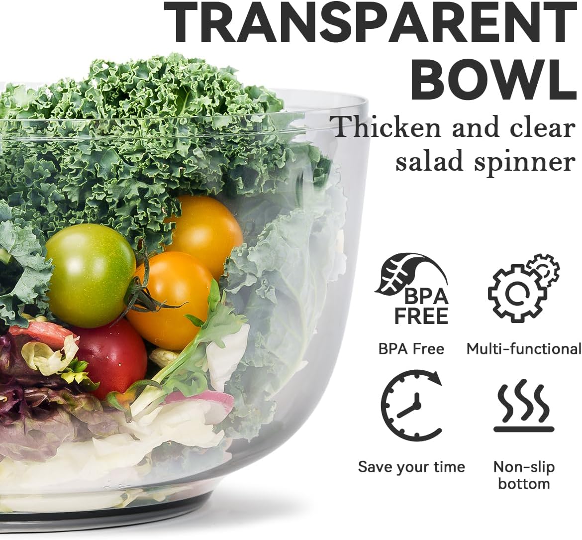 Manual Salad Spinner - Hand-Crank Vegetable & Lettuce Dryer for Washing, Spinning, and Draining Greens, Fruits, and Vegetables - Food-Grade Material, Easy-Clean Detachable Parts 4.2Qt.