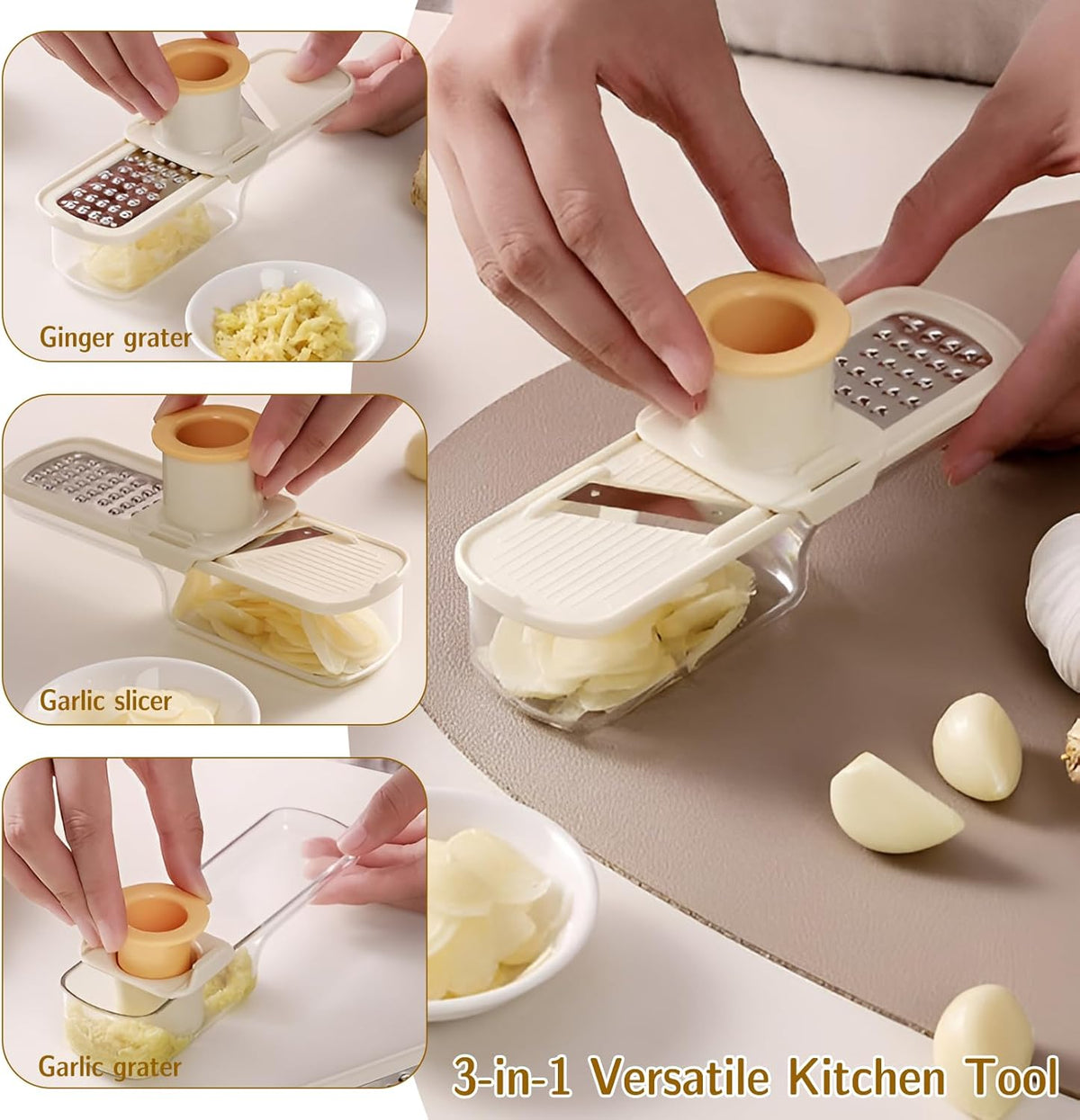 Versatile Ginger Grater, Garlic Mincer - Kitchen Small Grater with Safe Hand Guard Design for Ginger & Garlic, Stainless Steel Blades for Grating, Julienne & Thin Slicing (2 Pack)