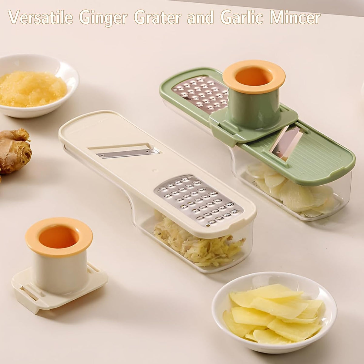 Versatile Ginger Grater, Garlic Mincer - Kitchen Small Grater with Safe Hand Guard Design for Ginger & Garlic, Stainless Steel Blades for Grating, Julienne & Thin Slicing (2 Pack)