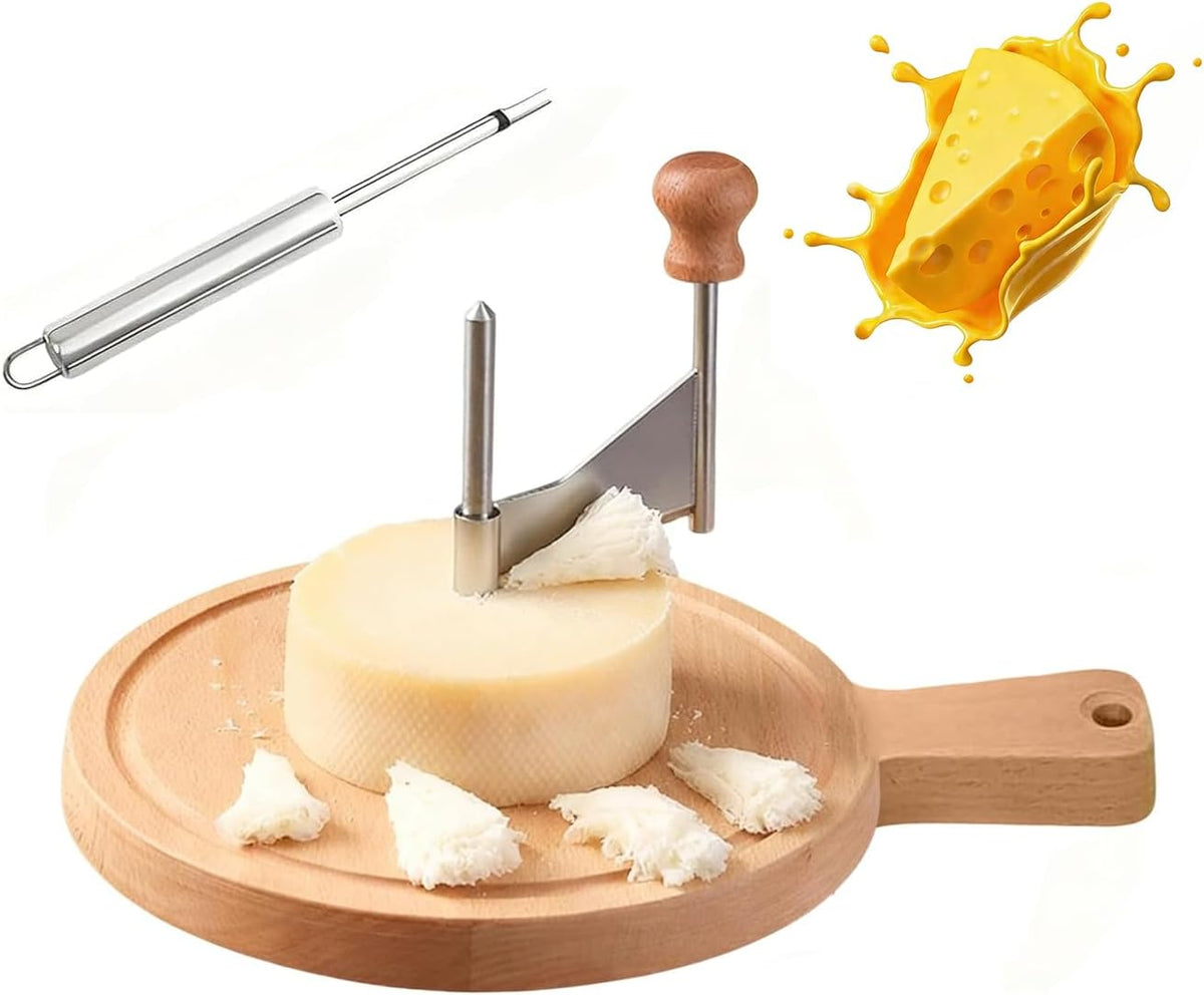 Cheese Curler Wheel, Stainless Steel Cheese Curler Wheel, Handheld Rotary Stainless Cutter Steel Blade and Wooden Base for Home Restaurants Cafes Bakery Dessert Shops