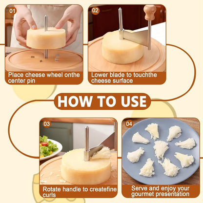 Cheese Curler Wheel, Stainless Steel Cheese Curler Wheel, Handheld Rotary Stainless Cutter Steel Blade and Wooden Base for Home Restaurants Cafes Bakery Dessert Shops