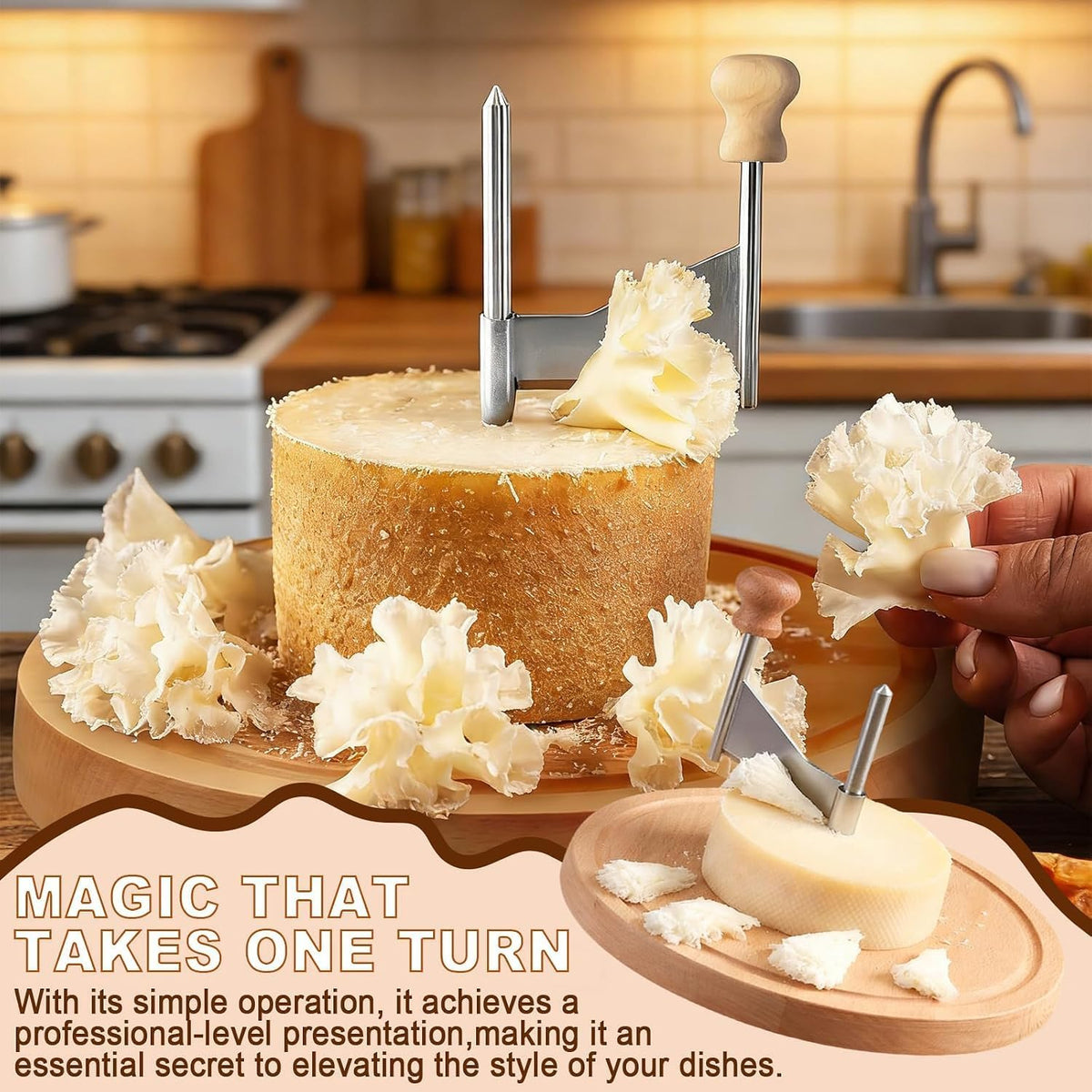 Cheese Curler Wheel, Stainless Steel Cheese Curler Wheel, Handheld Rotary Stainless Cutter Steel Blade and Wooden Base for Home Restaurants Cafes Bakery Dessert Shops